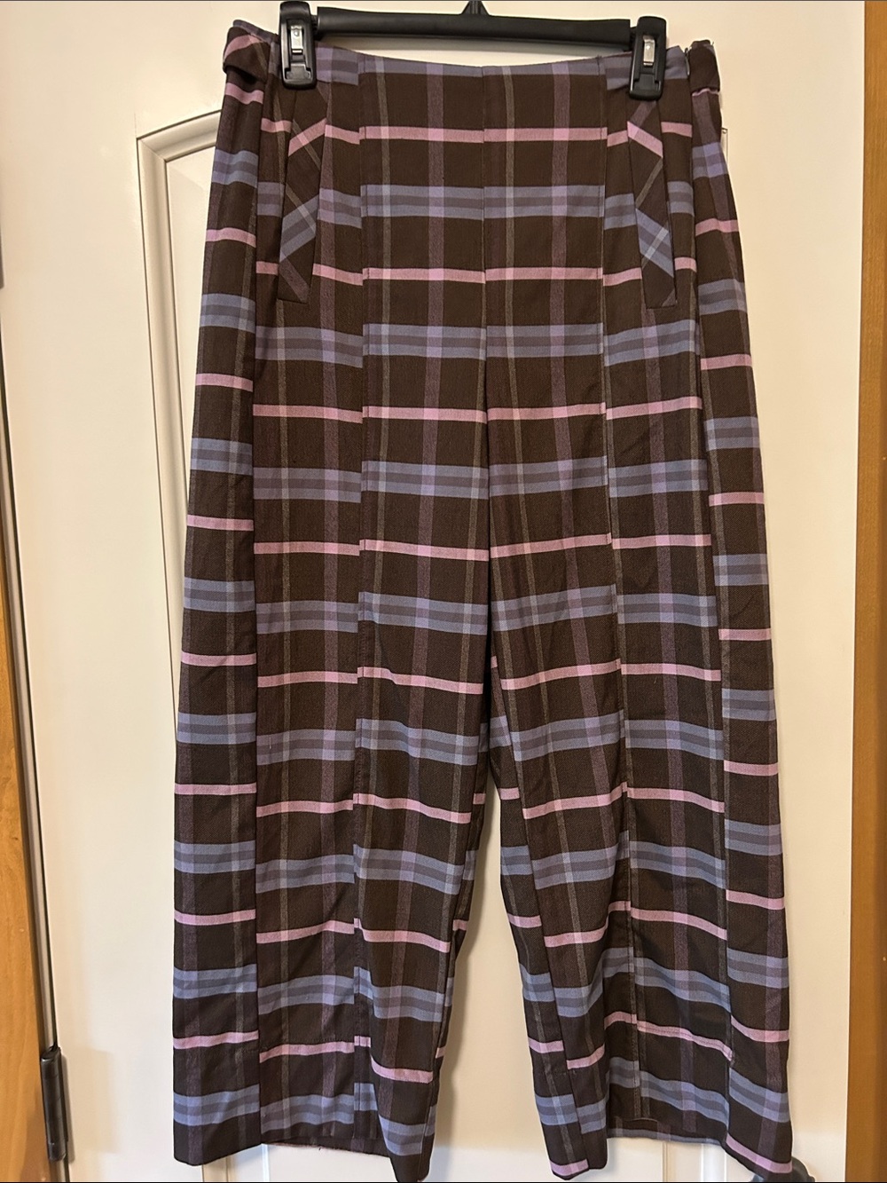 Free People Brown Wide-Leg Plaid Pants with Pink & Lavender Stripes